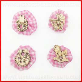 APPLICAZIONE CON LEGNETTI ROSA CIUCCIO CARROZZINA BAVAGLINO CAVALLUCCIO COCCARDA BOMBONIERE FAI DA TE NASCITA