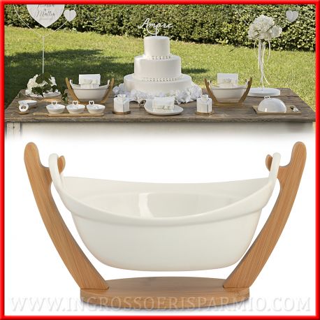 CIOTOLA CERAMICA SOSPESA CON SUPPORTO IN BAMBOO ORIGINALE BOMBONIERE MATRIMONIO