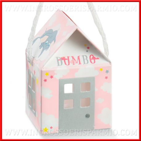 ASTUCCIO BOMBONIERE A FORMA DI CASETTA CON DUMBO DISNEY BABY FEMMINUCCIA PORTACONFETTI NASCITA BATTESIMO