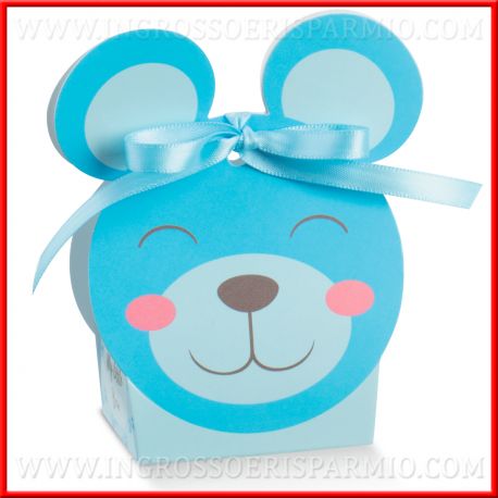 SCATOLE A FORMA DI ORSETTO CELESTI PORTACONFETTI VENDITA INGROSSO PENSIERINI NASCITA BABY SHOWER