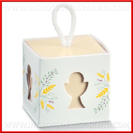 PENSIERINI PRIMA COMUNIONE SCATOLE A FORMA DI CUBO CALICE ED OSTIA PORTACONFETTI
