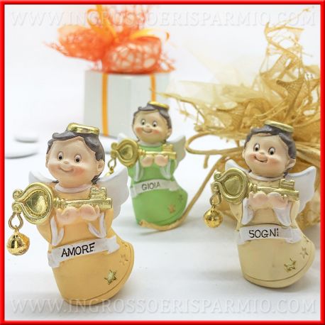 ANGIOLETTI CON CHIAVE PORTAFORTUNA E CAMPANELLINO ORIGINALI BOMBONIERE BATTESIMO