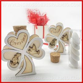 PORTACONFETTI PROVETTA VETRO E TRIFOGLIO IN LEGNO PER CRESIMA BOMBONIERE PREZZI BASSI